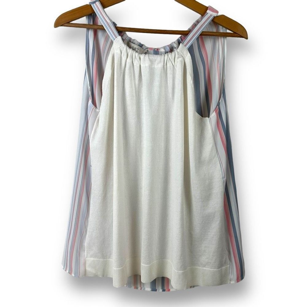 Loft Women's Size M High Neck Tank Cream Front Striped Tie‎ Back New